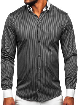 Elegentiški vyriški marškiniai dryžuoti ilgomis rankovėmis juodi Bolf 0909