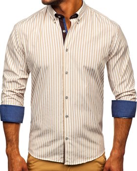 Gelsvai rusvi vyriški dryžuoti marškiniai ilgomis rankovėmis Bolf 20704