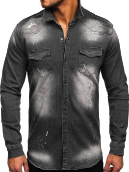 Grafito spalvos vyriški džinsiniai marškiniai ilgomis rankovėmis Bolf R710