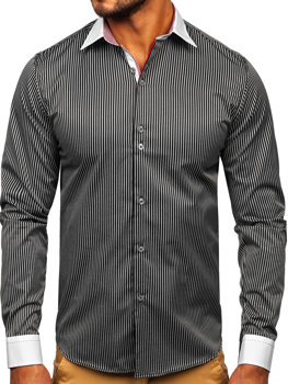 Juodi vyriški elegantiški dryžuoti marškiniai ilgomis rankovėmis Bolf 4785