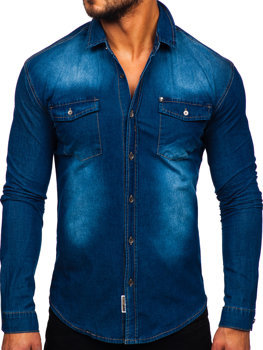 Mėlyni vyriški džinsiniai marškiniai ilgomis rankovėmis Bolf MC705B
