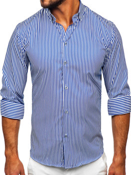 Mėlyni vyriški juostuoti marškiniai ilgomis rankovėmis Bolf 22731