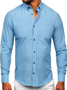 Šviesiai mėlyni vyriški languoti marškiniai ilgomis rankovėmis Bolf 22745
