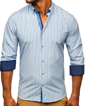 Tamsiai mėlyni vyriški dryžuoti marškiniai ilgomis rankovėmis Bolf 20704