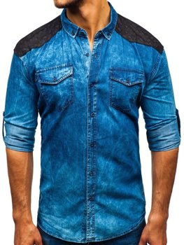 Vyriški džinsiniai marškiniai ilgomis rankovėmis mėlyni Bolf 0517