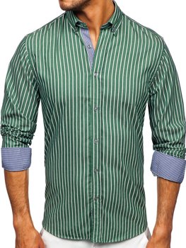 Žali vyriški dryžuoti marškiniai ilgomis rankovėmis Bolf 20731