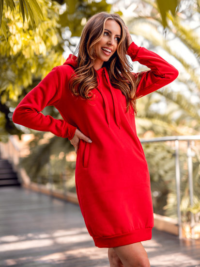 Raudonas ilgas moteriškas džemperis su gobtuvu Bolf YS10005