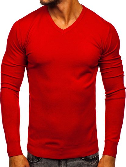 Raudonas vyriškas megztinis su V kaklu Bolf YY03