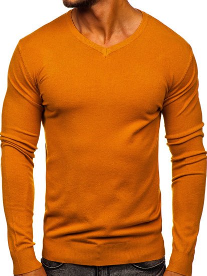 Šviesiai rudas vyriškas megztinis su V kaklu Bolf YY03