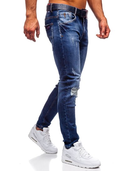 Tamsiai mėlynos vyriškos džinsinės kelnės slim fit su diržu Bolf R85018W0