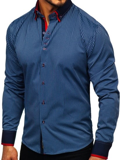 Vyriški dryžuoti marškiniai ilgomis rankovėmis tamsiai mėlyni Bolf 2751