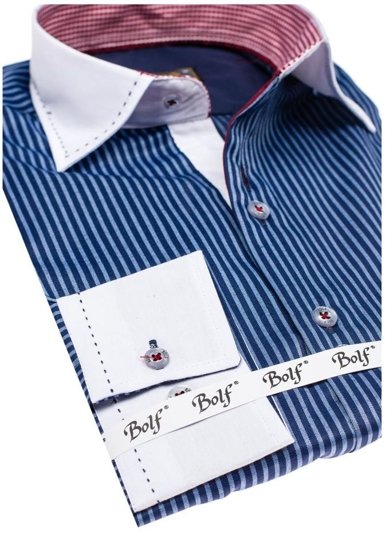 Vyriški elegantiški dryžuoti marškiniai ilgomis rankovėmis tamsiai mėlyni Bolf 4784-A