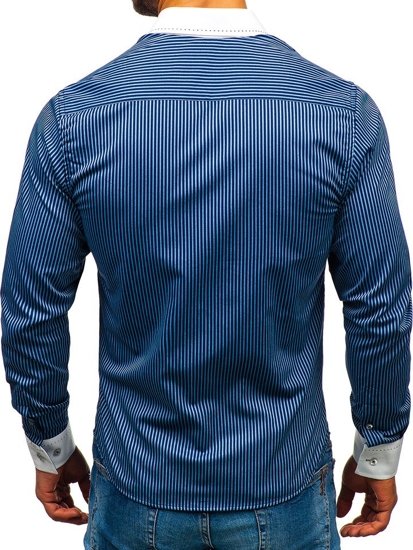 Vyriški elegantiški dryžuoti marškiniai ilgomis rankovėmis tamsiai mėlyni Bolf 4784-A