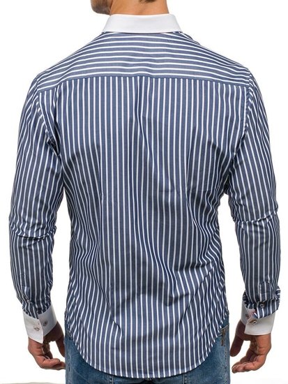 Vyriški marškiniai dryžuoti ilgomis rankovėmis tamsiai mėlyni Bolf 1771