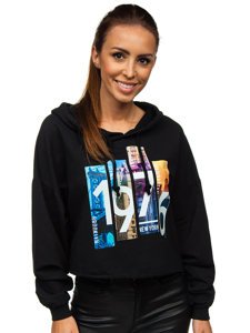 Juodas moteriškas džemperis su gobtuvu ir paveikslėliu Bolf 0007