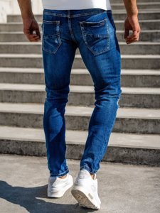 Tamsiai mėlynos vyriškos džinsinės kelnės slim fit su diržu Bolf R85018W0