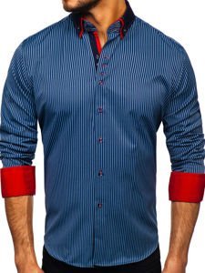 Vyriški dryžuoti marškiniai ilgomis rankovėmis tamsiai mėlyni Bolf 2751