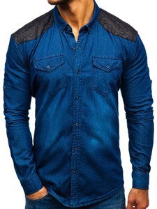 Vyriški džinsiniai marškiniai ilgomis rankovėmis tamsiai mėlyna Bolf 0517
