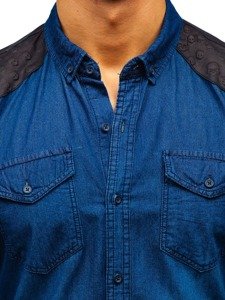 Vyriški džinsiniai marškiniai ilgomis rankovėmis tamsiai mėlyna Bolf 0517